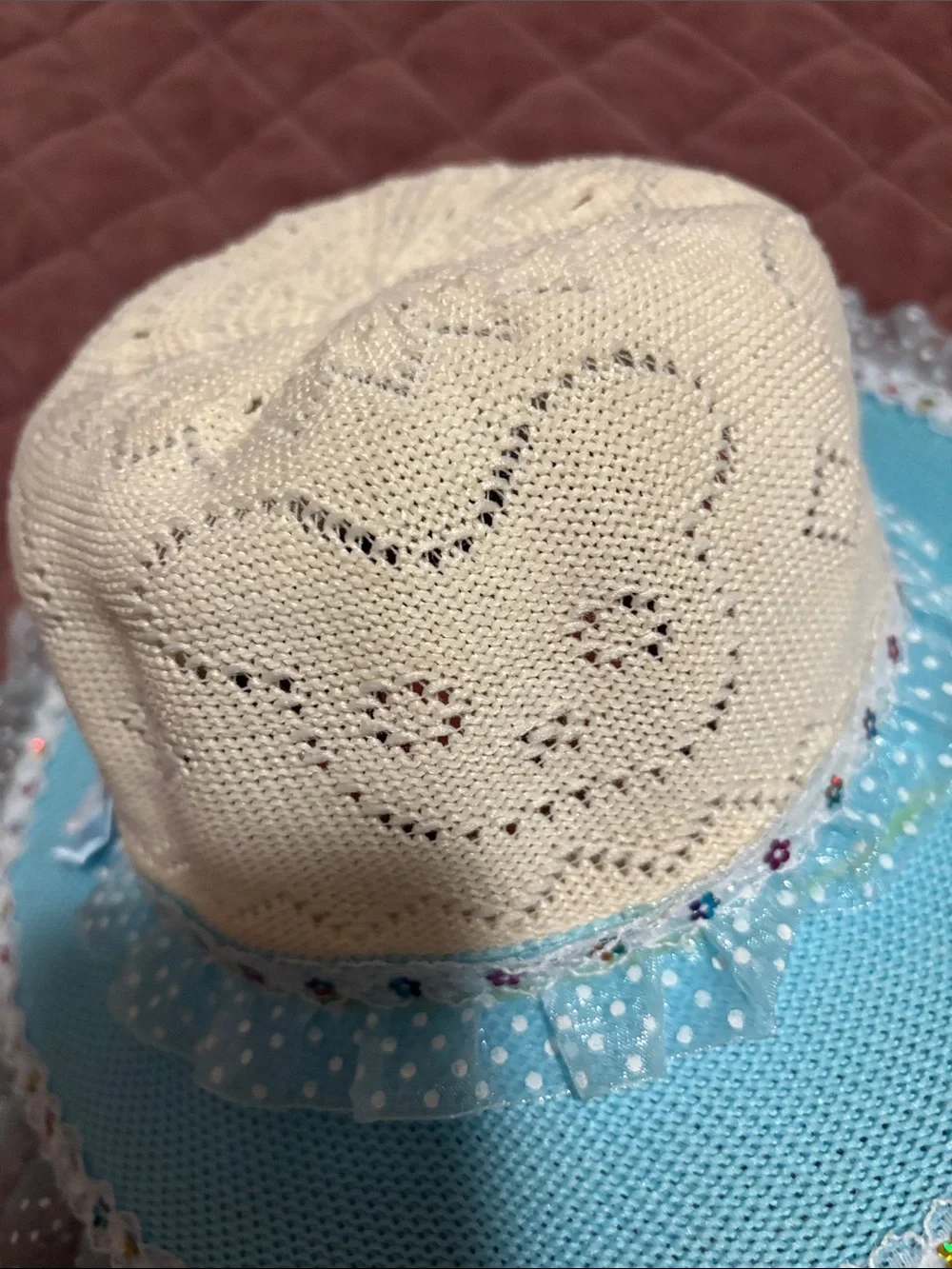 Girls' Blue and Cream Sun Hat with Lace Trim